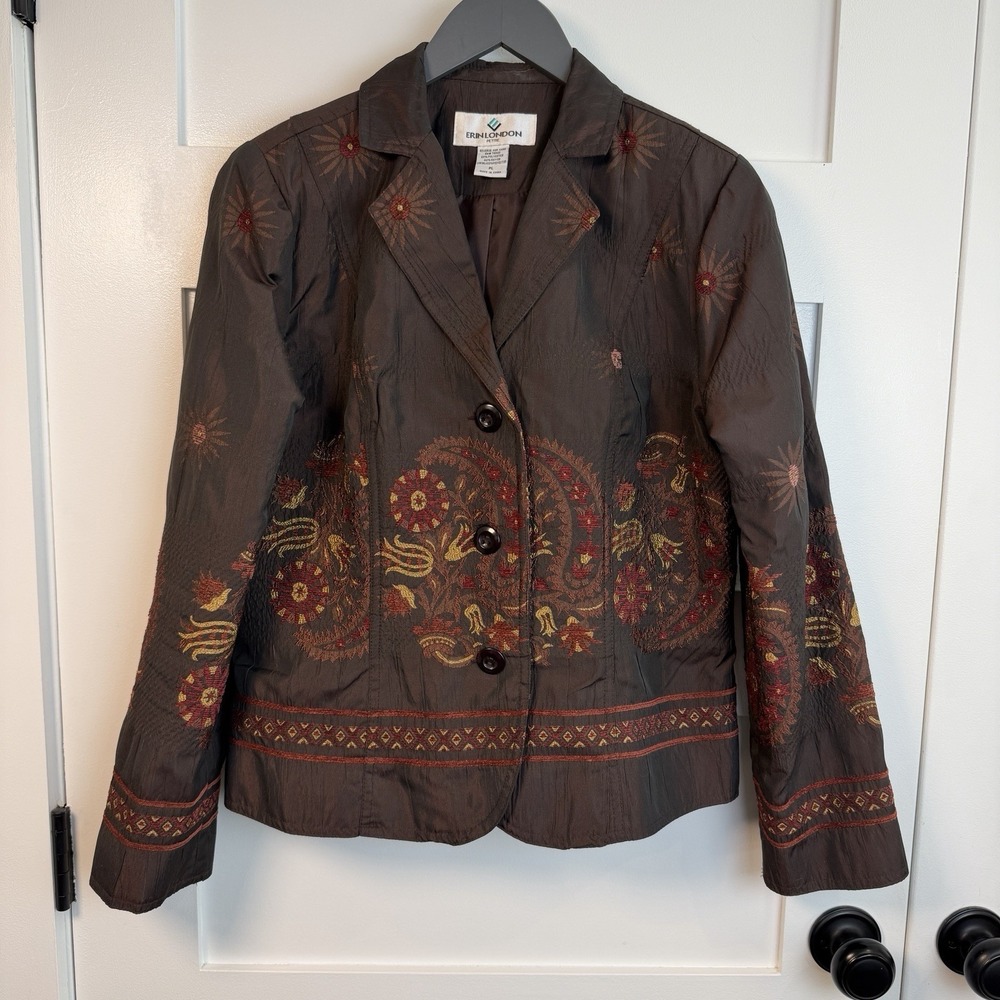 Vtg Erin London Blazer Jacket Floral Embroidered Floral Shiny Crinkle Brown sz M